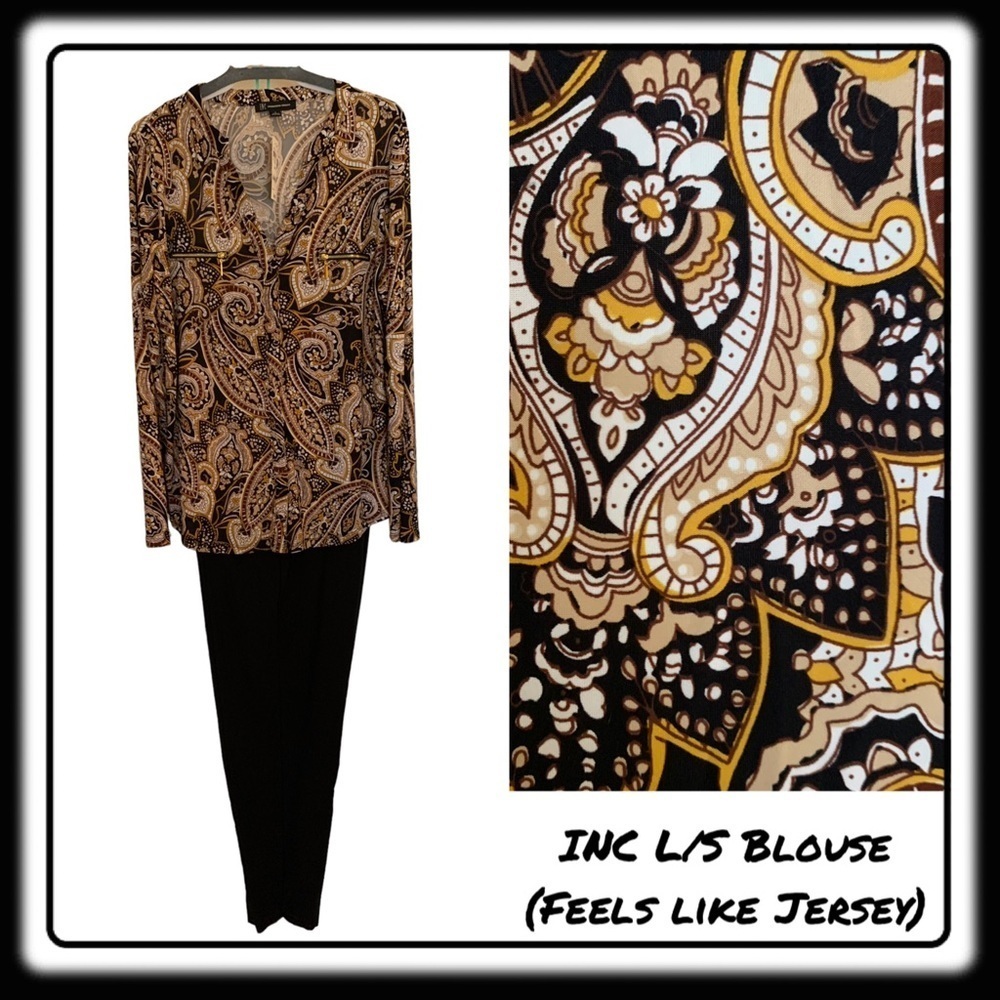 NWT INC Long Sleeve Gold & Black print top. Size Large
